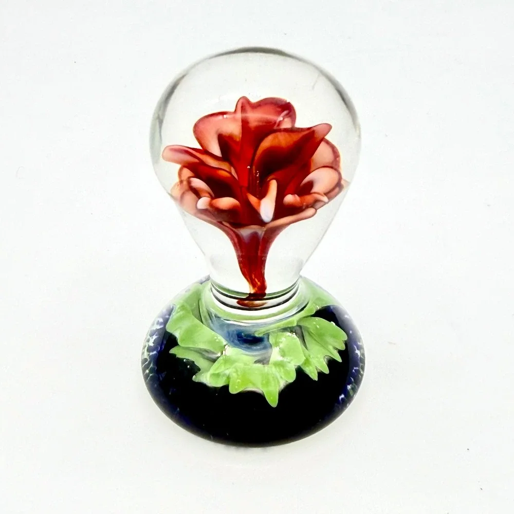 Artisan Glass Paperweight Red Lampwork Flower Green Ruffled Base Blue Speckled